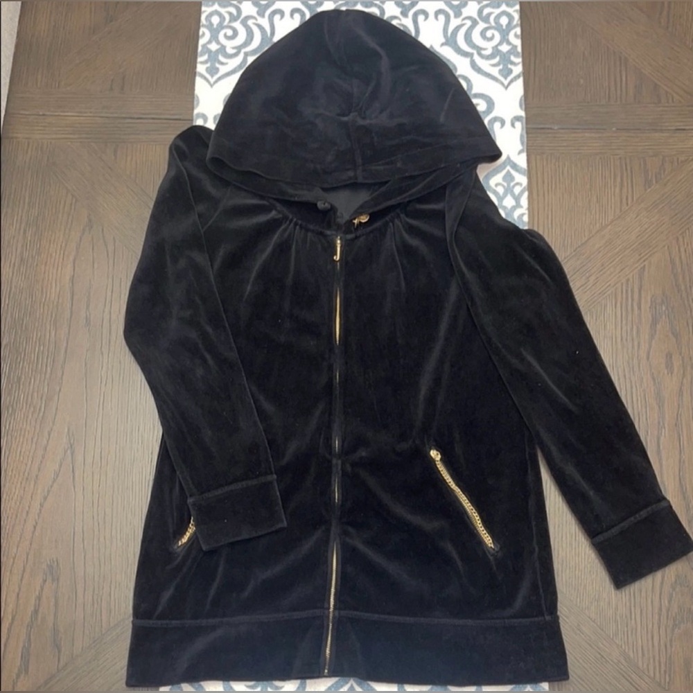 Juicy Couture Black Velvet Hoodie Jacket with Gold Accents